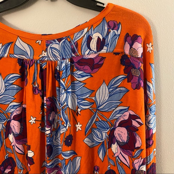 Free People Orange Jersey Keepin On Stretch Floral High Low Drapey Blouse - Picture 8 of 11